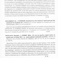 0419 - Page 377 - Analyses. Neurologie. Études générales. Moelle. Craig (Winchell Mc K.) et Shelden (C. Hunter). Tumeurs de la portion cervicale de la moelle (Tumors of the cervical portion of the spinal cord). Archives of Neurology and Psychiatry... / Gougerot (H.) et Burnier. Amélioration des douleurs tabétiques par les injections de vitamines B1. Bulletin de la Société française de dermatologie et de syphiligraphie... / Guillain (Georges) et Corre (Mlle). Un cas de myélite aiguë traitée et guérie par le corps 693 a (p. amino-phényl-sulfamido-pyridine). Bulletins et mémoires de la Société médicale des hôpitaux... / Lereboullet (J.) et Puech (P.) (présentation M. Guillain). Tumeur de la moelle cervicale haute avec prolongement intracranien simulant la sclérose latérale amyotrophique. Opération. Guérison. Bulletins et mémoires de la Société médicale des hôpitaux...
