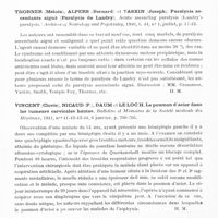 0422 - Page 380 - Analyses. Neurologie. Études générales. Moelle. Störring (G. E.) et Trot Sdorf (E.). Tableau de sclérose latérale amyotrophique comme séquelle d'une méningite spinale circonscrite guérie, soi-disant arachnoïde adhésive (Das Bild einer amyotrophen Lateralsklerose als Folge einer umschriebenen ausgeheilten Spinalmeningitis, der sogenannten Arachnitis adhaesiva). Der Nervenartz... / Thorner (Meloin), Alpers (Bernard) et Yaskin (Joseph). Paralysie ascendante aiguë (Paralysie de Landry). Acute ascending paralysis (Landry's paralysis.) Archives of Neurology and Psychiatry... / Vincent (Clovis), Nicaud (P.), Daum et Le Loc'h. Le poumon d'acier dans les tumeurs cervicales hautes. Bulletins et mémoires de la Société médicale des hôpitaux... / Weissenbach (R. J.) et Matteo (di). Ecchymose spontanée tabétique. Bulletin de dermatologie et de syphiligraphie...