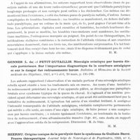 0426 - Page 384 - Analyses. Neurologie. Études générales. Polynévrites et nerfs périphériques. Fontaine (René) et Bertrand (Pierre). Contribution à la pathogénie et au traitement des troubles fonctionnels réflexes dans les paralysies du nerf radial. La Presse médicale... / Gennes (L. de) et Petit-Dutaillis. Névralgie sciatique par hernie discale postérieure. Sur l'importance diagnostique de la courbure antalgique et sur le danger des redressements forcés. Bulletins et mémoires de la Société médicale des hôpitaux... / Heernu. Origine toxique de la paralysie dans le syndrome de Guillain-Barré. Preuve thérapeutique. Journal belge de neurologie et de psychiatrie...