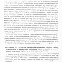 0438 - Page 396 - Analyses. Neurologie. Études générales. Méninges. Gournay (J. J.) et Molitor (P.). Traitement de la méningite cérébro-spinale par l'aminobenzène-sulfamido-thiazol. Bulletins et mémoires de la Société médicale des hôpitaux... / Grenet (H.), Milhit (J.), Aupinel-Tavernier (Mme). Sur la méningite cérébro-spinale du nourrisson. Paris médical... / Hillemand (P.). Un cas de méningite cérébro-spinale à liquide céphalo-rachidien clair et lymphocytose rachidienne. Bulletin et mémoires de la Société médicale des hôpitaux... / Launay (Cl.), Passa (J.) et Temine (P.). Méningite à pneumocoque guérie par les sulfamides ; troisième méningite en sept ans. Bulletins et mémoires de la Société médicale des hôpitaux...