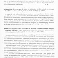 0439 - Page 397 - Analyses. Neurologie. Études générales. Méninges. Launay (Cl.), Passa (J.) et Temine (P.). Méningite à pneumocoque guérie par les sulfamides ; troisième méningite en sept ans. Bulletins et mémoires de la Société médicale des hôpitaux... / Mollaret (J.). A propos de 3 cas de méningite cérébro-spinale avec coma d'emblée. La Presse médicale... / Penfield (Wilder) et Mc Naughton (Francis). Céphalée durale et innervation de la dure-mère (Dural headache and innervation of the dura mater). Archives of Neurology and Psychiatry...