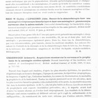 0440 - Page 398 - Analyses. Neurologie. Études générales. Méninges. Ray (Bronson S.) et Foot (Chandler). Tumeurs mélaniques primitives des méninges ; ressemblance avec les méningiomes (Primary melanotic tumors of the meninges : resemblance to meningiomas). Archives of Neurology and Psychiatry... / Reid (W. Ogilvy) et Lipscomb (John). Succès de la chimiothérapie dans une méningite à streptocoque hémolytique et dans une méningite à pneumocoque survenues chez la même malade (Successful chemotherapy for haemolytic streptococcal meningitis and penumococcal meningitis in the same patient). British medical Journal... / Underwood (Ashworth). Acquisitions récentes sur la survenue et la prophylaxie de la méningite cérébro-spinale (Recent knowledge of the incidence and control of cerebrospinal fever). British medical Journal... / Wilmoth (P.). Les méningocèles. La Presse médicale...