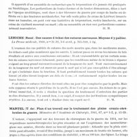 0523 - Page 481 - Analyses. Neurologie. Études générales. Chirurgie nerveuse. Guillaume (Jean). L'ouverture de la lame sus-optique. Traitement de certaines dilatations ventriculaires. La Presse médicale... / Jayle (F.). La trépanation n'a pas existé au néolitique. Bulletin de l'Académie de médecine... / Leriche (René). Des causes d'échec des sutures nerveuses. Moyens d'y pallier. La Presse médicale... / Martel (T. de). Plan d'un travail sur le traitement des plaies cranio-cérébrales de guerre. Mémoires de l'Académie de chirurgie...