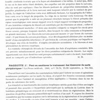 0524 - Page 482 - Analyses. Neurologie. Études générales. Chirurgie nerveuse. Martel (T. de). Plan d'un travail sur le traitement des plaies cranio-cérébrales de guerre. Mémoires de l'Académie de chirurgie... / Nageotte (J.). Peut-on améliorer le traitement des blessures de nerfs périphériques ? La Presse médicale...