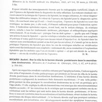 0531 - Page 489 - Analyses. Neurologie. Études spéciales. Colonne vertébrale. Schaeffer (Henri). Sur un nouveau cas de paraplégie scoliotique. La Presse médicale... / Sèze (S. de), Ledoux-Lebard (R.) et Nemours-Auguste (S.). Le diagnostic radiologique de la hernie discale postérieure lombaire. Bulletins et mémoires de la Société médicale des hôpitaux... / Sicard (André). Sur le rôle de la hernie discale postérieure dans la sacralisation douloureuse. Mémoires de l'Académie de chirurgie...