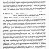 0539 - Page 497 - Analyses. Neurologie. Études spéciales. Épilepsie. Marchand (L.) et Ajuriaguerra (J.). De la pycnolepsie, ses rapports avec l'épilepsie. Gazette des hôpitaux... / Marchand (L.) et Ajuriaguerra (J.). Du suicide chez les épileptiques. La Presse médicale... / Pagniez (Ph.) et Plichet (A.). Remarques sur l'étiologie de l'épilepsie. La Presse médicale...