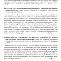 0540 - Page 498 - Analyses. Neurologie. Études spéciales. Épilepsie. Pagniez (Ph.) et Plichet (A.). Remarques sur l'étiologie de l'épilepsie. La Presse médicale... / Rouvroy (Ch.). Influence de l'extrait pancréatique désinsuliné sur certains états épileptiques. Journal belge de neurologie et de psychiatrie... / Schmid (Edmund) et Schmid-Ganz (Madelaine). Contribution à la question des équivalents psychiques épileptiques (Beitrag zur Frage der psychischen epileptischen Aequivalente). Zeitschrift für Kinderpsychiatrie... / Strauss (Hans). Crises jacksoniennes d'origine réflexe (Jacksonian seizures of reflex origin). Archives of Neurology and Psychiatry...