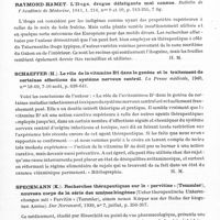 0545 - Page 503 - Analyses. Neurologie. Études spéciales. Thérapeutique. Novotny (S.). Contribution à la cardiazolthérapie d'après v. Meduna, associée à la pyrétothérapie souffrée (Beitrag zur Cardiazoltherapie der Schizophrenie nach. v. Meduna in Kombination mit der Schwefelfiebertherapie). Archives suisses de neurologie et de psychiatrie... / Raymond-Hamet. L'iboga, drogue défatigante mal connue. Bulletin de l'Académie de médecine... / Schaeffer (H.). Le rôle de la vitamine B1 dans la genèse et le traitement de certains affections du système nerveux central. La Presse médicale... / Speckmann (K.). Recherches thérapeutiques sur le « pervitine » (Temmler), nouveau corps de la série des amines biogènes (Ueber therapeutische Untersuchungen mit « Pervitin » (Temmeler), einem neuen Körper aus der Reihe der biogenen Amine). Der Nervenarzt...