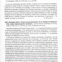 0547 - Page 505 - Analyses. Neurologie. Études spéciales. Pscyhiatrie (Étude générales). Jansen (J.)... Altérations anatomiques dans la maladie de Pick (Ueber anatomische Veränderungen bei der Pickschen Krankheit). Acta Psychiatrica et Neurologica... / Kaila. La névrose traumatique et sa dépendance de l'esprit de l'époque (Die traumatische Neurose und ihre Abhängigkeit vom Zeitgeist). Acta Psychiatrica et Neurologica... / Ley (Rodolphe-Albert). Etude neuropathologique de la maladie de Niemann-Pick (spléno-hépatomégalie lipidienne). Journal belge de neurologie et de psychiatrie...