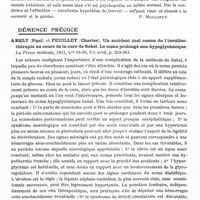 0549 - Page 507 - Analyses. Neurologie. Études spéciales. Pscyhiatrie (Étude générales). Nycander (G.). Essais sur le traitement des soi-disant états psychopathiques chez les enfants (Versuche über die Behandlung sogennanter psychopathischer Zustände bei Kindern). Acta Psychiatrica et Neurologica... / Démence précoce. Abely (Paul) et Feuillet (Charles). Un accident mal connu de l'insulino-thérapie au cours de la cure de Sakel. Le coma prolongé non hypoglycémique. La Presse médicale...