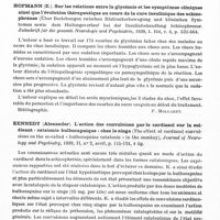 0552 - Page 510 - Analyses. Neurologie. Études spéciales. Démence précoce. Hartog Jager (W. A. den). Des déterminations pharmacologiques de l'histamine dans le sang des schizophrènes et de divers agents de contrôle. L'Encéphale... / Hofmann (E.). Sur les relations entre la glycémie et les symptômes cliniques ainsi que l'évolution thérapeutique au cours de la cure insulinique des schizophrènes (Über Beziehungen zwischen Blutzuckerbewegung und klinischen Symtomen sowie dem Heilungsverlauf bei der Insulinbehandlung Schizophrener. Zeitschrift für die gesamte Neurologie und Psychiatrie... / Kennedy (Alexander). L'action des convulsions par le cardiazol sur la soi-disant « catatonie bulbocapnique » chez le singe (The effect of cardiazol convulsions on the so-called « bulbocapnine catatonia » in the moneky), Journal of Neurology and psychiatry...