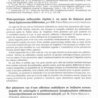 0640 - Page 598 - Société de neurologie de Paris. Séance du 4 décembre 1941. Un cas de tumeur de la corne d'Ammon avec hyposmie persistant trois ans après l'intervention, par MM. D. Petit-Dutaillis et R. Messimy / Thérapeutique sulfamidée répétée à un mois de distance pour deux diplococcies différentes, par MM. Pierre Béhague et Lutringer / Sur plusieurs cas d'une affection médullaire et bulbaire accompagnée de méningite à prédominance lymphocytaire obéissant remarquablement au traitement salicylé, par M. Pierre Béhague / Traitement du delirium tremens par le sulfate de magnésie intraveineux, par MM. Delmas-Marsalet, Lafon et Faure...