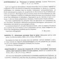 0724 - Page 682 - Analyses. Neurologie. Études générales. Méninges. Skogland (J. E.) et Baker (A. B.). Une forme peu commune de chorioméningite lymphocytaire (An unusual form of lymphocytic choriomeningitis). Archives of Neurology and Psychiatry... / Avitaminoses. Austregesilo (A.). Vitamines et système nerveux. Confinia Neurologica... / Canova (F.). Altérations nerveuses dans le sprue (Alterazioni nervose nella sprue). La Riforma medica... / Chauchard (P.). Action des vitamines B1 et E sur l'excitabilité neuromusculaire chez l'animal en dehors de toute carence. Bulletin de l'Académie de médecine...