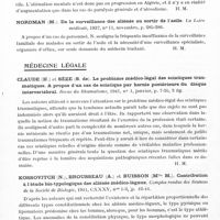 0742 - Page 700 - Analyses. Neurologie. Études générales. Assistance aux aliénés. Desruelles (Maurice) et Bersot (Henri). L'assistance aux aliénés en Algérie depuis le XIXe siècle . Annales médico-psychologiques... / Nordman (M.). De la surveillance des aliénés au sortir de l'asile. La Loire médicale... / Médecine Légale. Claude (H.) et Sèze (S. de). Le problème médico-légal des sciatiques traumatiques. A propos d'un cas de sciatique par hernie postérieure du disque intervertébral. Revue du rhumatisme... / Kossovitch (N.), Brousseau (A.) et Buisson (Mlle M.). Contribution à l'étude bio-typologique des aliénés médico-légaux. Comptes rendus des séances de la Société de biologie...