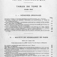 0005 - Page 3 - Tables du tome 75. Année 1943. I. Mémoires originaux / II. Société de neurologie de Paris