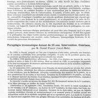 0064 - Page 34 - Société de neurologie de Paris. Séance du 4 février 1943. Hématome calcifié de la moelle dorso-lombaire avec dilatations variqueuses de voisinage, par MM. M. David, E. Carrot, J. Paraire et Charlin (Résumé) / Paraplégie traumatique datant de 15 ans. Intervention. Guérison, par M. Daniel Ferey...