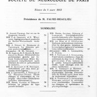 0104 - Page 74 - Société de neurologie de Paris. Séance du 4 mars 1943. Sommaire / Processus cervical de névraxite avec arachnoïdite. Commentaires cliniques et opératoires de physiopathologie, par MM. Aug. Tournay et J. Guillaume
