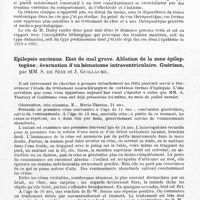 0117 - Page 87 - Société de neurologie de Paris. Séance du 4 mars 1943. La démence précoce postencéphalitique, par MM. Jean Delay, G. Deshaies et Talairach / Epilepsie ancienne. Etat de mal grave. Ablation de la zone épileptogène ; évacuation d'un hématome intraventriculaire. Guérison, par MM. S. de Sèze et J. Guillaume