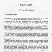 0123 - Page 93 - Analyses. Neurologie. Études générales. Bibliographie. J. Lhermitte et J. de Ajuriaguerra. Psychopathologie de la vision..., Masson et Compagnie éditeurs, Paris 1943...