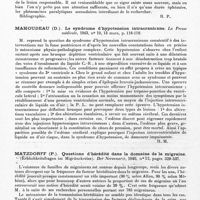 0134 - Page 104 - Analyses. Neurologie. Études générales. Sémiologie. Falkenberg (K.). Sur l'apraxie isolée de la jambe gauche. Contribution au diagnostic topographique des lésions du corps calleux (Ueber isolierte Apraxie des linken Beines. Ein Beitrag zur lokaldiagnostischen Bedeutung des Balkens) Archiv für Psychiatrie und Nervenkrankheiten... / Mahoudeau (D.). Le syndrome d'hypotension intracranienne. La Presse médical... / Matzdorff (P.). Questions d'hérédité dans le domaine de la migraine (Erblichkeitsfragen im Migränekreise). Der Nervenarzt...