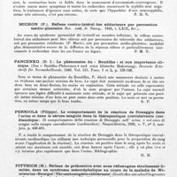 0135 - Page 105 - Analyses. Neurologie. Études générales. Sémiologie. Matzdorff (P.). Questions d'hérédité dans le domaine de la migraine (Erblichkeitsfragen im Migränekreise). Der Nervenarzt... / Meignant et Thomas. Un cas de syndrome d'Adie (Rev. méd. de Nancy... / Michon (P.). Réflexe contro-latéral des adducteurs par percussion médio-plantaire. Rev. méd. de Nancy... / Pancenko. (D. I.). Le phénomène du « Bouddha » et son importance clinique. (Das « Buddha-Phänomen » und seine klinische Bedeutung). Deutsche Zeitschrift für Nervenheilkunde... / Perniola (Filippo). Le comportement de la réaction de Donaggio dans l'urine et dans le sérum sanguin dans la thérapeutique convulsivante (cardiazolique). (Il comportamento della reazione di Donaggio nell' urina e nel siero di sangue nella terapia convulsivante (cardiazolica). Neopsichiatria... / Pittrich (H.). Réflexe de préhension avec zone réflexogène étroitement limitée, dans un syndrome mésocéphalique au cours de la maladie de Winiwarter-Buerger (Thromboangéite oblitérante) (Greifreflex mit scharf begrenzter reflexogener Zone im Syndrom des Mittelhirns bei v. Winiwarter-Buergerscher Erkrankung (Thromboendangitis obliterans). Der Nervenarzt...