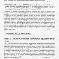 0137 - Page 107 - Analyses. Neurologie. Études générales. Sémiologie. Wanke (R.) et Pfleiderer (H.). Mesure et critique des asymétries de la température cutanée chez le sujet normal et le blessé du crâne (Messung und Beurteilung von Hauttemperatur-Asymetrien bei Gesunden und Hirnverletzten). Der Nervenarzt... / Weinstein (Edwin A) et Bender (Morris B). Dissociation de la sensibilité profonde à différents niveaux du système nerveux central. (Dissociation of deep sensibility at different levels of the central nervous system). Archives of Neurology and Psychiatry... / Système neurovégétatif. Boeke (J.). Le plexus fondamental sympathique et les cellules interstitielles. Ann. d'anatom. path. et d'anat. norm. méd. chir... / Pichler (E.). Sur un nouveau phénomène végétatif au cours du syndrome de Wallenberg (Ueber ein neues vegetatives Phänomen beim Wallenbergschen Symptomenkomplex). Der Nervenarzt...