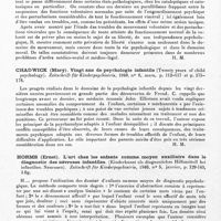 0140 - Page 110 - Analyses. Neurologie. Études générales. Psychologie. Baruk (H.). Le problème de la volonté. Nouvelles donnée psychophysiologiques. Journal de psychologie... / Chadwick (Mary). Vingt ans de psychologie infantile (Twenty years of child psychology). Zeitschrift für Kinderpsychiatrie... / Horms (Ernst). L'art chez les enfants comme moyen auxiliaire dans le diagnostic des névroses infantiles. (Kinderkunst als diagnostiches Hilfsmittell bei infantilen. Neurosen). Zeitschrift für Kinderpsychiatrie... / Hasenjäger (Th.) et Pötzl (O.). Bras fantôme au cours des paralysies plexiques (Phantomarm bei Plexuslähmung). Deutsche Zeitschrift für Nervenheilkunde...