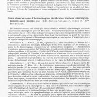 0168 - Page 138 - Société de neurologie de Paris. Séance du 1er avril 1943. Paraplégie sensitivo-motrice par épidurite au cours d'une ostéite vertébrale staphylococcique. Intervention. Guérison, par MM. Carrot, David et Charlin (Résumé) / Deux observations d'hémorragies cérébrales traitées chirurgicalement avec succès, par MM. Monier-Vinard, P. Puech et Mlle Bournisien
