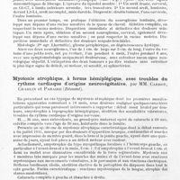 0176 - Page 146 - Société de neurologie de Paris. Séance du 6 mai 1943. Sciatique récidivante, évoluant pendant 8 ans sans aucun signe objectif, tardivement compliquée de crises douloureuses brachiales. Ablation de deux neurogliomes intrarachidiens, lombaire et cervical. Guérison sans séquelles, par MM. S. de Sèze et J. Guillaume / Myotonie atrophique, à forme hémiplégique, avec troubles du rythme cardiaque d'origine neurovégétative, par MM. Carrot, Charlin et Paraire (Résumé)