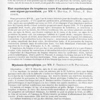 0189 - Page 159 - Société de neurologie de Paris. Séance du 10 juin 1943. Un cas d'ostéome ou plutôt d'endocraniose du frontal droit et de la petite aile du sphénoïde droit, accompagné de crises convulsives et délirantes, par M. le Dr Daniel Ferey... (présenté par P. Mollaret) / Etat myotonique du trapèze au cours d'un syndrome parkinsonien avec signes pyramidaux, par MM. G. Heuyer, P. Neveu, P. Desclaux / Myotonie dystrophique, par MM. F. Thiébaut et R. Pluvinage
