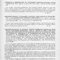 0301 - Page 271 - Analyses. Neurologie. Études générales. Poliomyélite. Michon. (P.). Main d'Aran-Duchenne et maladie de Heine-Medin. Revue médicale de Nancy... / Pierquin et Herbeuval (R.). Poliomyélite antérieure chronique durant depuis 6 ans. Revue médicale de Nancy... / Richter (Richard). Poliomyélite antérieure aiguë (maladie de Heine-Medin ?) avec manifestations cérébrales inhabituelles (Acute anterior poliomyelits (Heine Medin-disease ?) with unusual cerebral manifestations). Archives of Neurology and Psychiatry... / Wolter (Friedrich). La paralysie infantile épidémique (maladie de Heine Medin, poliomyélite épidémique) dans la période de 1835 à 1939. Avec considération particulière de son apparition durant les 10 dernières années. Son étiologie, sa pathogénie et sa prophylaxie des points de vue de la contagion et de l'épidémiologie. (Die epidemische Kinderlähmung (Heine-Medinsche Krankheit, Poliomyelitis epidemica) in dem Zeitraume von 1835-1939. Mit besonderer Berücksichtigung ihres Auftretens im letzten Jahrzehnten. Ihre Actiologie, Pathogenese und Prophylaxe, vom kontagionistischen und vom epidemiologischen Standpunkt). Archiv. für Psychiatrie und Nervenkrankheiten...