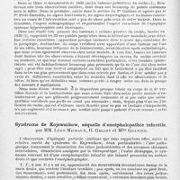 0326 - Page 296 - Société de neurologie de Paris. Séance du 2 décembre 1943. Ostéite fibreuse ou tumeur à myéloplaxes de la 6e vertèbre dorsale. Paraplégie. Laminectomie. Parathyroïdectomie. Radiothérapie. Guérison clinique, par M. E. Sorrel et Mme Sorrel-Dejerine / Syndrome de Kojewnikow, séquelle d'encéphalopathie infantile, par MM. Léon Michaux, H. Gallot et Mlle Granier