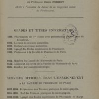 0003 - Page 1 - Notice sur les Titres et travaux scientifiques du Professeur Emile Perrot. Grades et Titres universitaires. Services officiels dans l'enseignement à la Faculté de Pharmacie de Paris