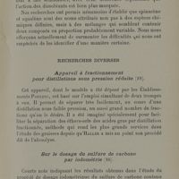 0041 - Page 39 - Recherches diverses. Appareil à fractionnement pour distillations sous pression réduite / Dosage de sulfure de carbone par iodométrie