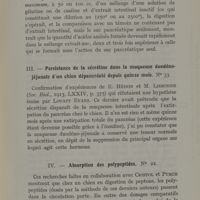 0035 - Page 33 - III. - Persistance de la sécrétine dans la muqueuse duodéno-jéjunale d'un chien dépancréaté depuis quinze mois / IV. - Absorption des polypeptides