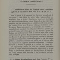 0036 - Page 34 - Technique physiologique. I. - Technique de mesure des échanges gazeux respiratoires applicable à des animaux d'un poids de 7 à 8 kgs / II. - Mesure du métabolisme basal chez l'homme