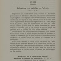 0044 - Page 38 - Divers. Influence du choc peptonique sur l'uricémie / Recherches sur formation du pigment mélanique du poumon des mammifères