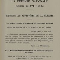 0009 - Page 7 - Travaux scientifiques intéressant la Défense Nationale (Guerre de 1914-1918). Missions au Ministère de la Guerre. I. - Objet: Création d'un Service de Toxicologie militaire / II. - Mission d'Inspection sanitaire des industries chimiques de guerre