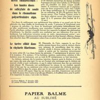 0009 - Page 7 - Revue thérapeutique. Les hautes doses de salicylate de soude dans le rhumatisme poly articulaire aigu / Le tartre Stibié dans la chylurie filarienne