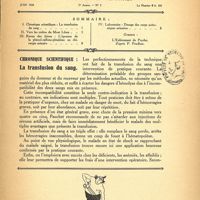 0015 - Page 1 - Sommaire / Chronique scientifique. La transfusion du sang [Dr Moulins]