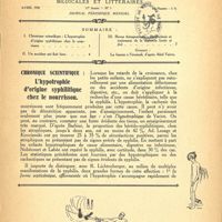 0015 - Page 1 - Sommaire / Chronique scientifique. L’hypotrophie d’origine syphilitique chez le nourrisson [Docteur Moulins]