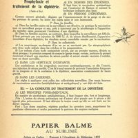 0021 - Page 7 - Revue thérapeutique. Prophylaxie et traitement de la diphtérie, (suite et fin). La pratique de la prophylaxie antidiphtérique. En dehors des épidémies / En période d’épidémies / Dans les hôpitaux d’enfants / Dans les casernes / La conduite du traitement de la diphtérie. Les principes fondamentaux