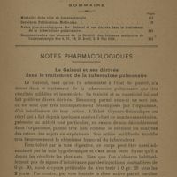 0181 - Page 351 - Sommaire / Notes pharmacologiques. Le gaïacol et ses dérivés dans le traitement de la tuberculose pulmonaire