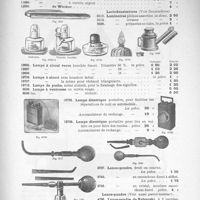 0057 - Page 59 - Laminaires préparées en tube. Lampe à alcool verre. Lampe électrique portative, pour faciliter les réparations de nuit en automobile. Lance-poudre, droit ou courbe.