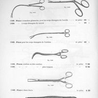 0074 - Page 76 - Pince à branches glissantes, pour les corps étrangers de l'oreille. Pince pour les corps étrangers de l'urèthre. Pinces courbes ou très courbes. Pince à deux dents. Pince à dents de souris.