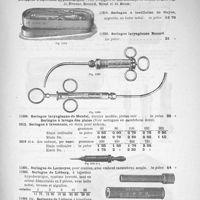 0093 - Page 95 - Seringue à instillation de Guyon. Seringue laryngienne Record. Seringue laryngienne de Mendel, dernier modèle, piston cuir. Seringue à lavements, en étain pour enfants. Seringue de Liéberg.