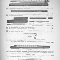 0109 - Page 111 - Thermomètre maxima Ami de la famille. Thermomètre maxima aseptisable, échelle aluminium ou opaline. Thermomètre prismatique dit pseudo-maxima. Thermomètre maxima de Celsius. Tire-comédon d'Unna.