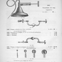 0110 - Page 112 - Transfusion du sang (appareil à ). Trépan ordinaire avec deux couronnes. Trépan à cliquet de Doyen avec pyramide. Accessoires pour trépan de Doyen.