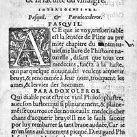 0003 - Page sans numérotation - Pasquil Antiparadoxe. Dialogue contre le Paradoxe de la faculte du vinaigre. Interlocuteurs. Pasquil, & Paradoxoleros