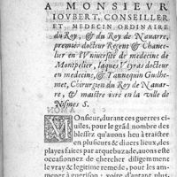0064 - Page 38 - A Monsieur Ioubert, Conseiller et medecin ordinaire du Roy, & du Roy de Nauarre, premier docteur Regent & Chancelier en l'Uniuersité de medecine de Montpelier, Iacques Veyras docteur en medecine, & Tannequin Guilhemet, Chirurgien du Roy de Nauarre, & maistre iuré en la uille de Nismes S. Epistre